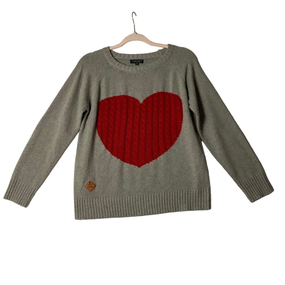 Simply Southern Red Heart Cable Knit Gray Sweater Women Sz Medium Love Valentine